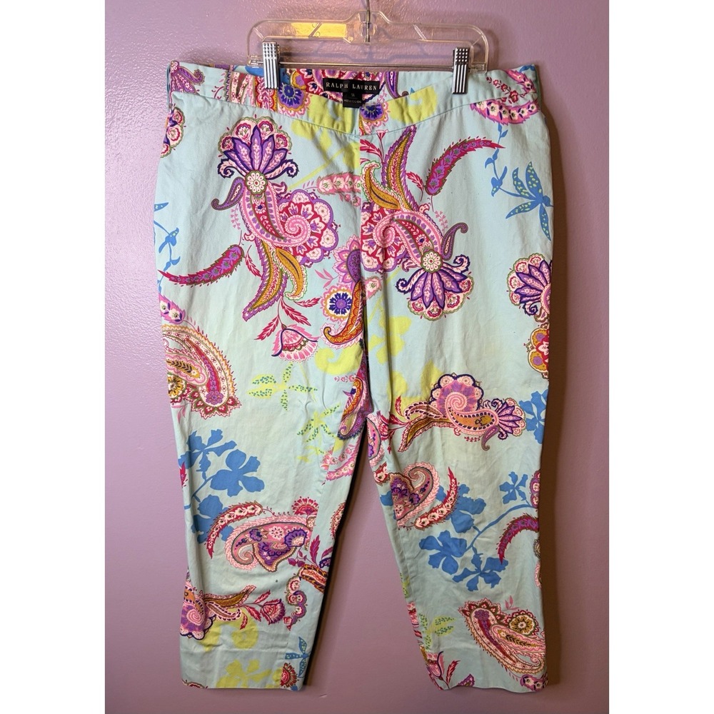 Ralph Lauren Black‎ Label Paisley Capri Pants Women's 14 Cotton Blue Pink